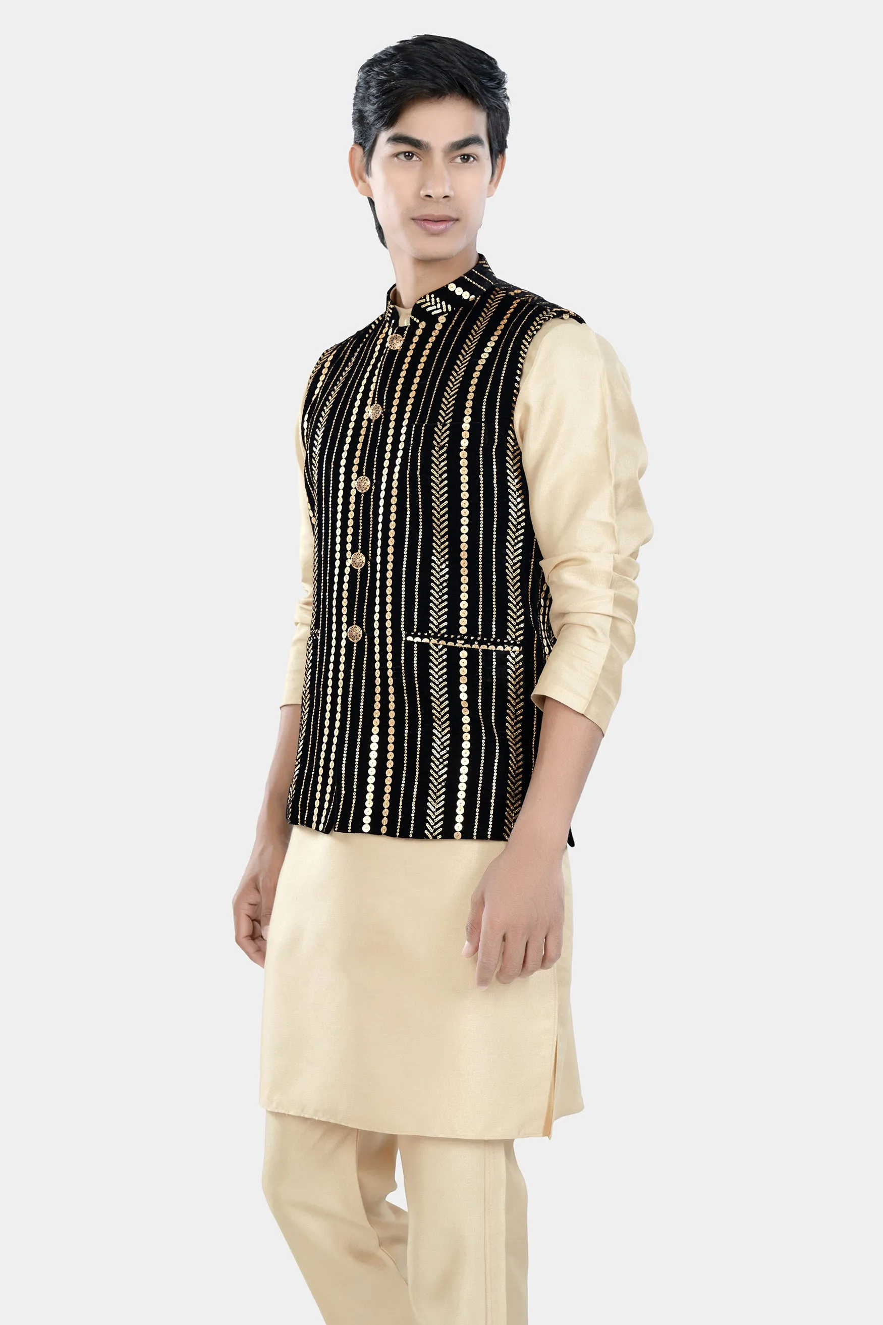 Almond Brown Kurta Set with Jade Black Vertical Sequin Embroidered Designer Nehru Jacket