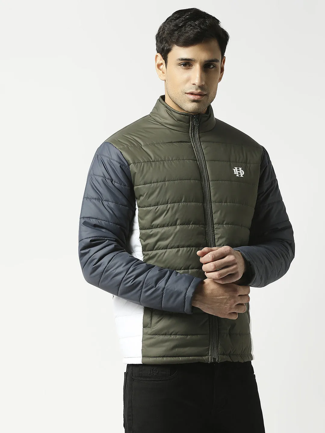 Army Green Puffer Jacket With Contrast Sleeves