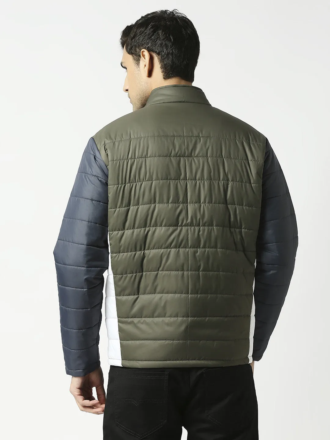 Army Green Puffer Jacket With Contrast Sleeves