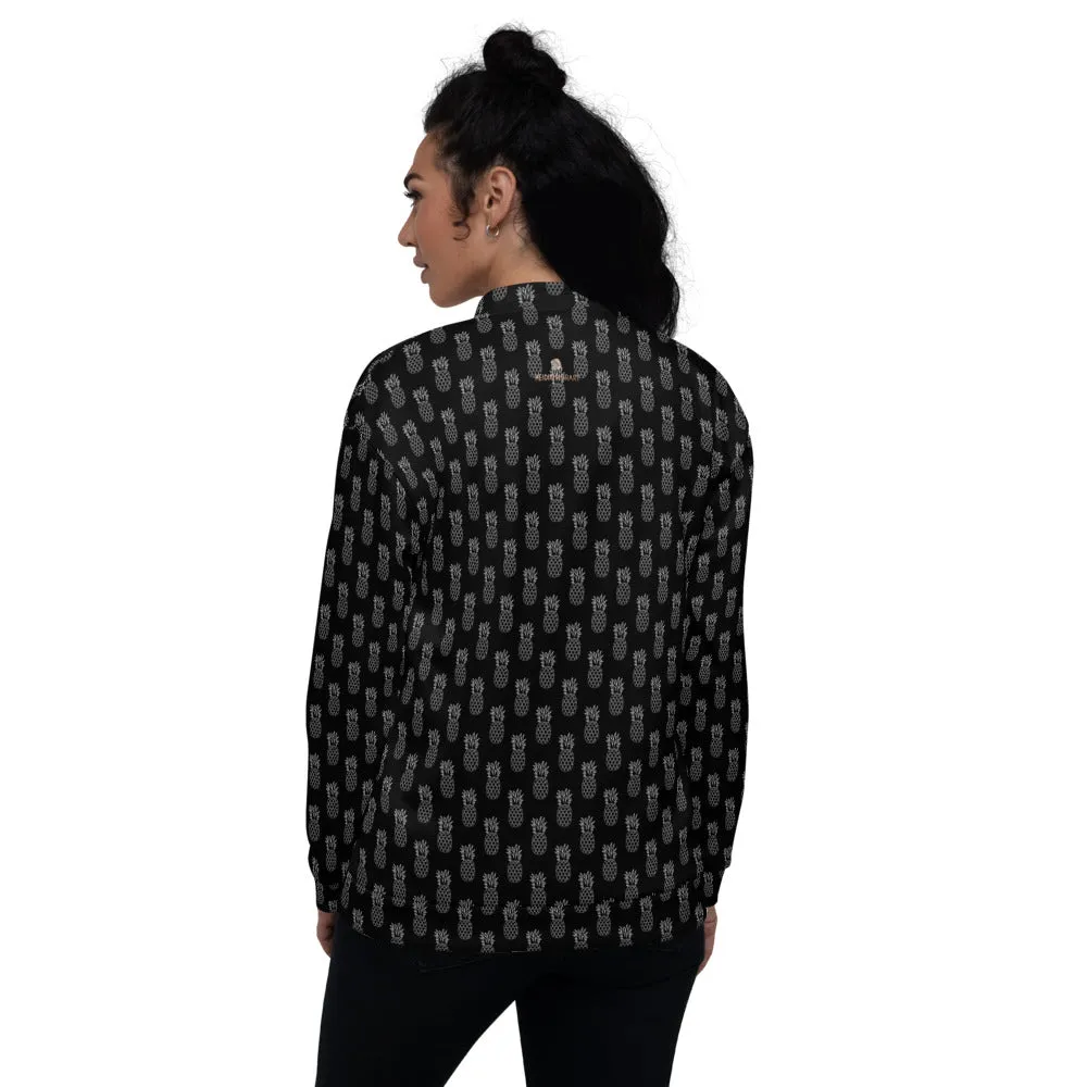 Black Pineapple Bomber Jacket, Modern Unisex Jacket For Men/Women With Pockets - Made in USA/ MX/ EU