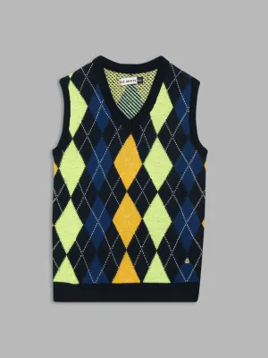 Blue Giraffe Boys Multicolor Checked V-Neck Sleeveless Pullover Style Sweater