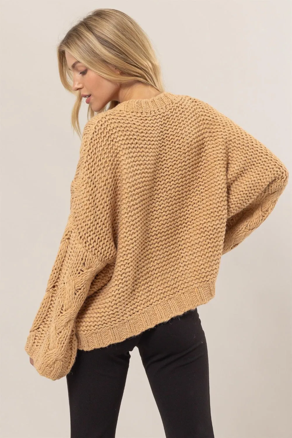 Bohemian Taupe Cable Knit V-Neck Sweater