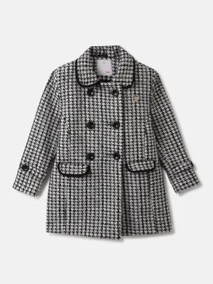 Elle Girls Black Checked Spread Collar Full Sleeves Overcoat