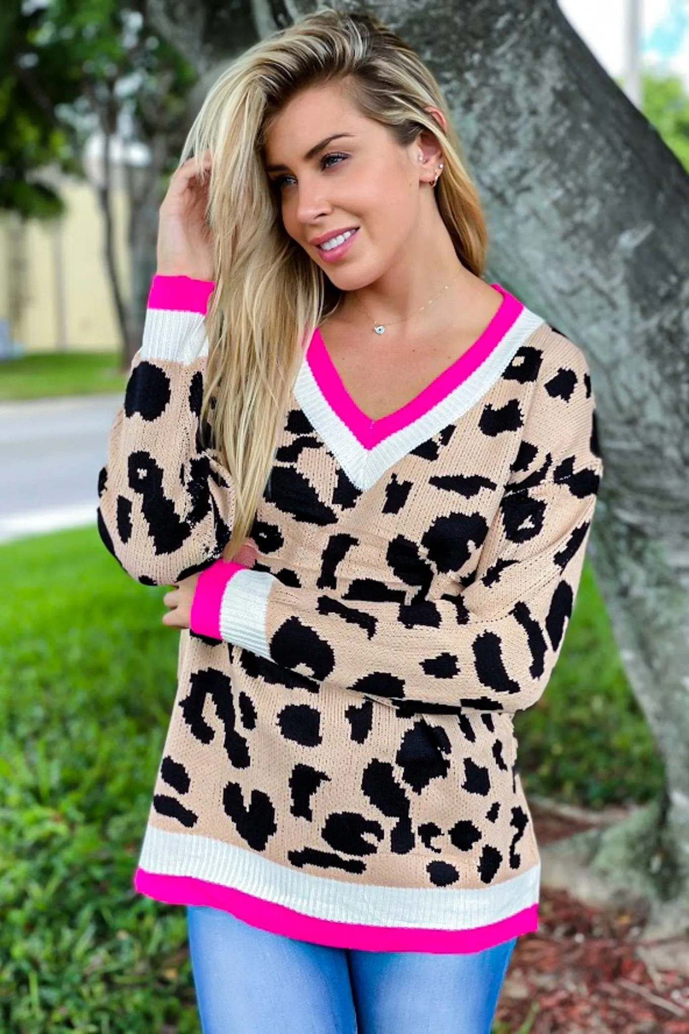 Fuchsia Leopard Printed Oversized Sweater