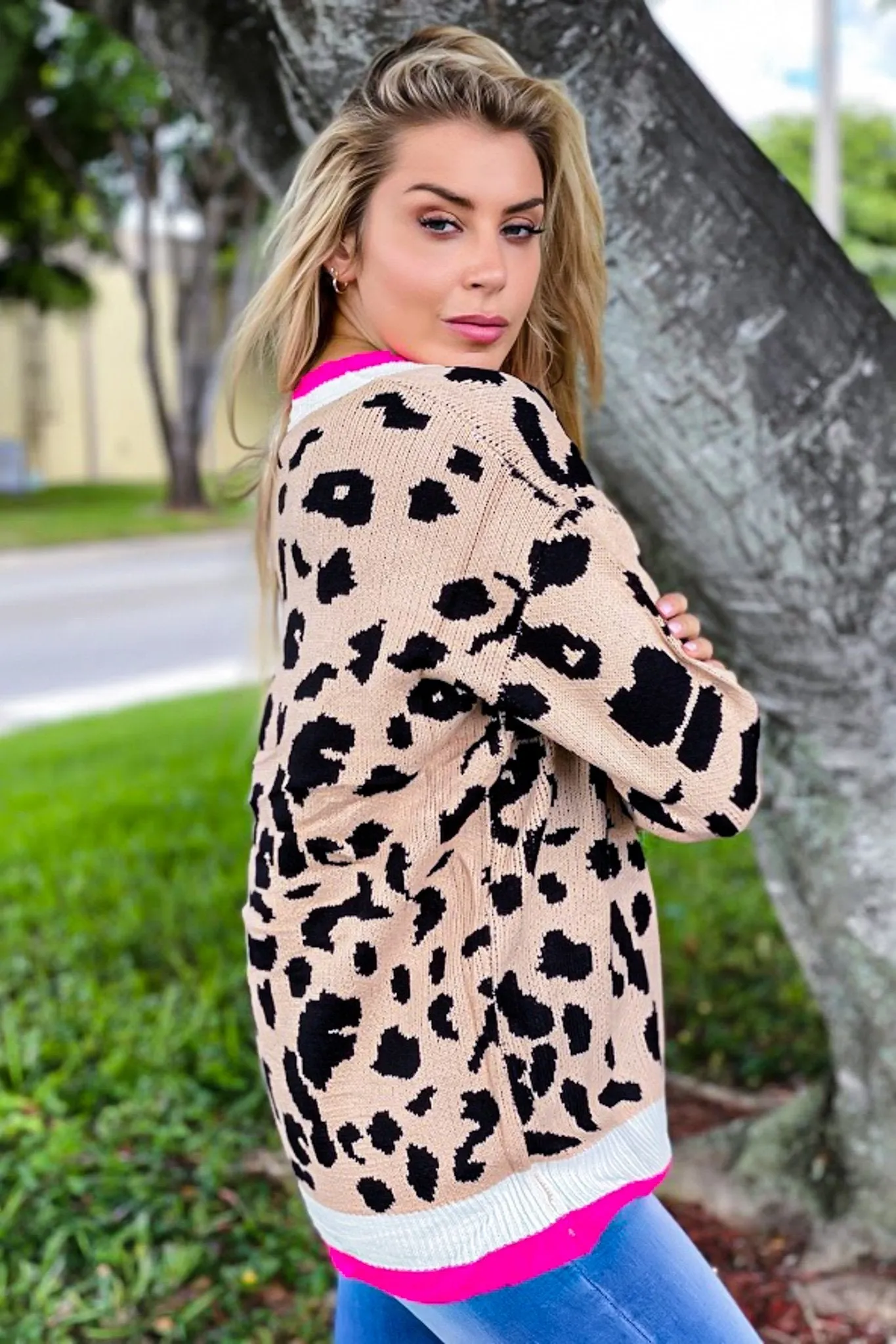 Fuchsia Leopard Printed Oversized Sweater