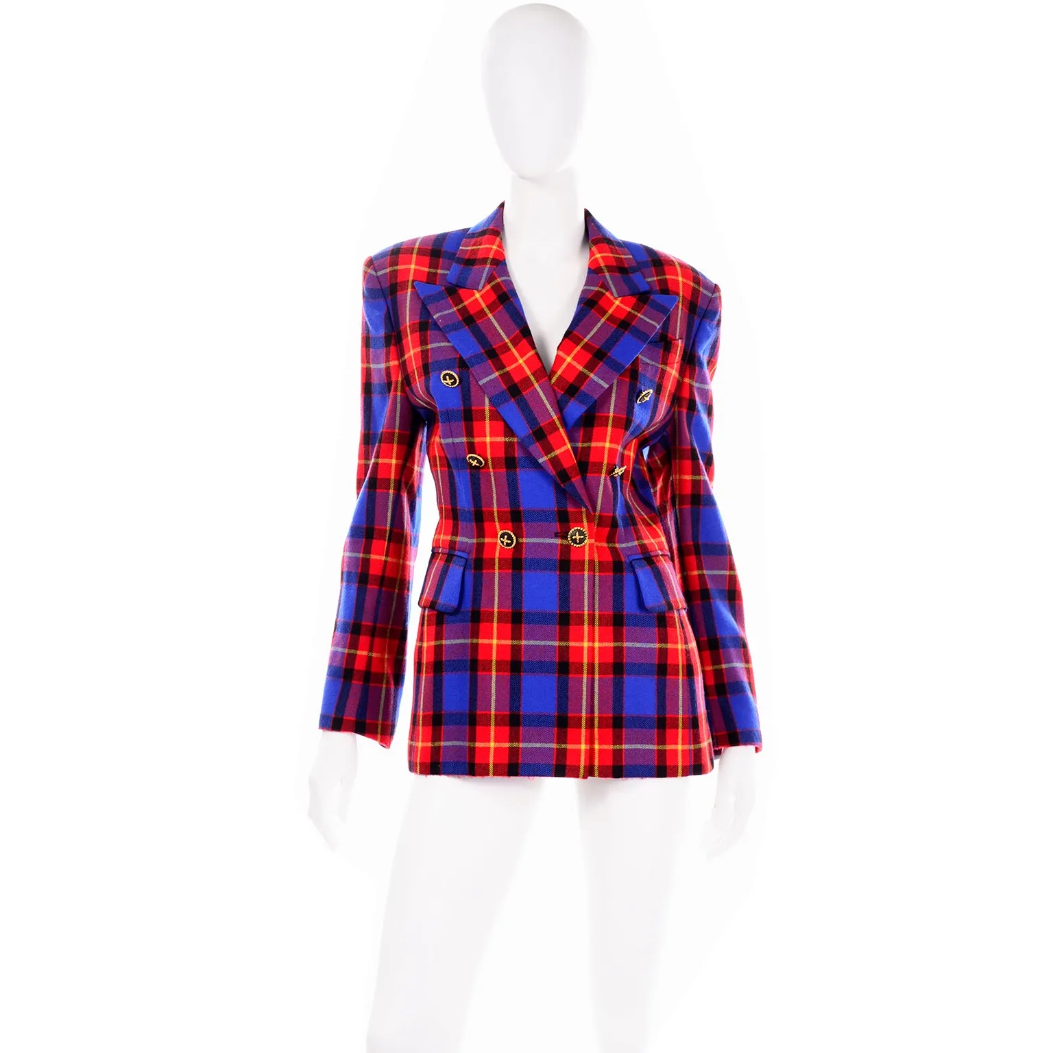 Margaretha Ley for Escada Vintage Red & Blue Wool Plaid Blazer Jacket