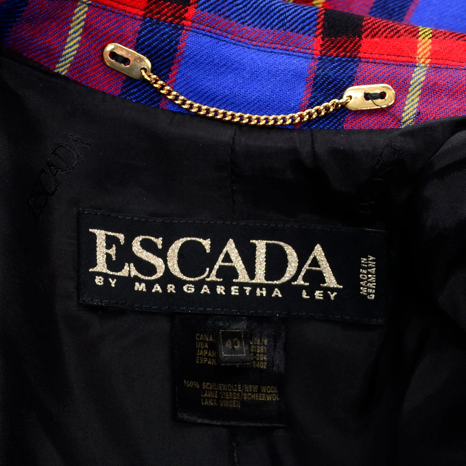 Margaretha Ley for Escada Vintage Red & Blue Wool Plaid Blazer Jacket