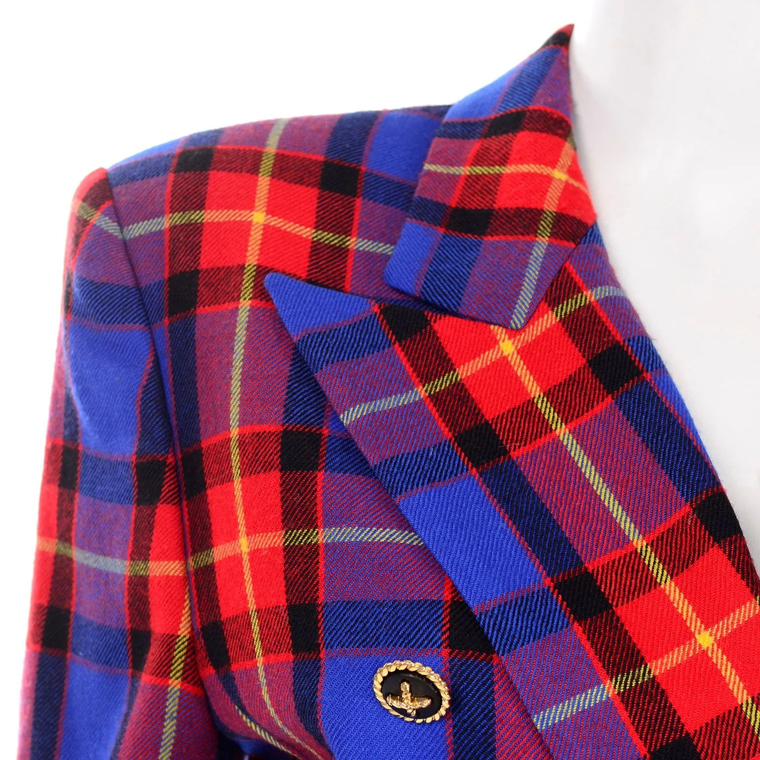 Margaretha Ley for Escada Vintage Red & Blue Wool Plaid Blazer Jacket