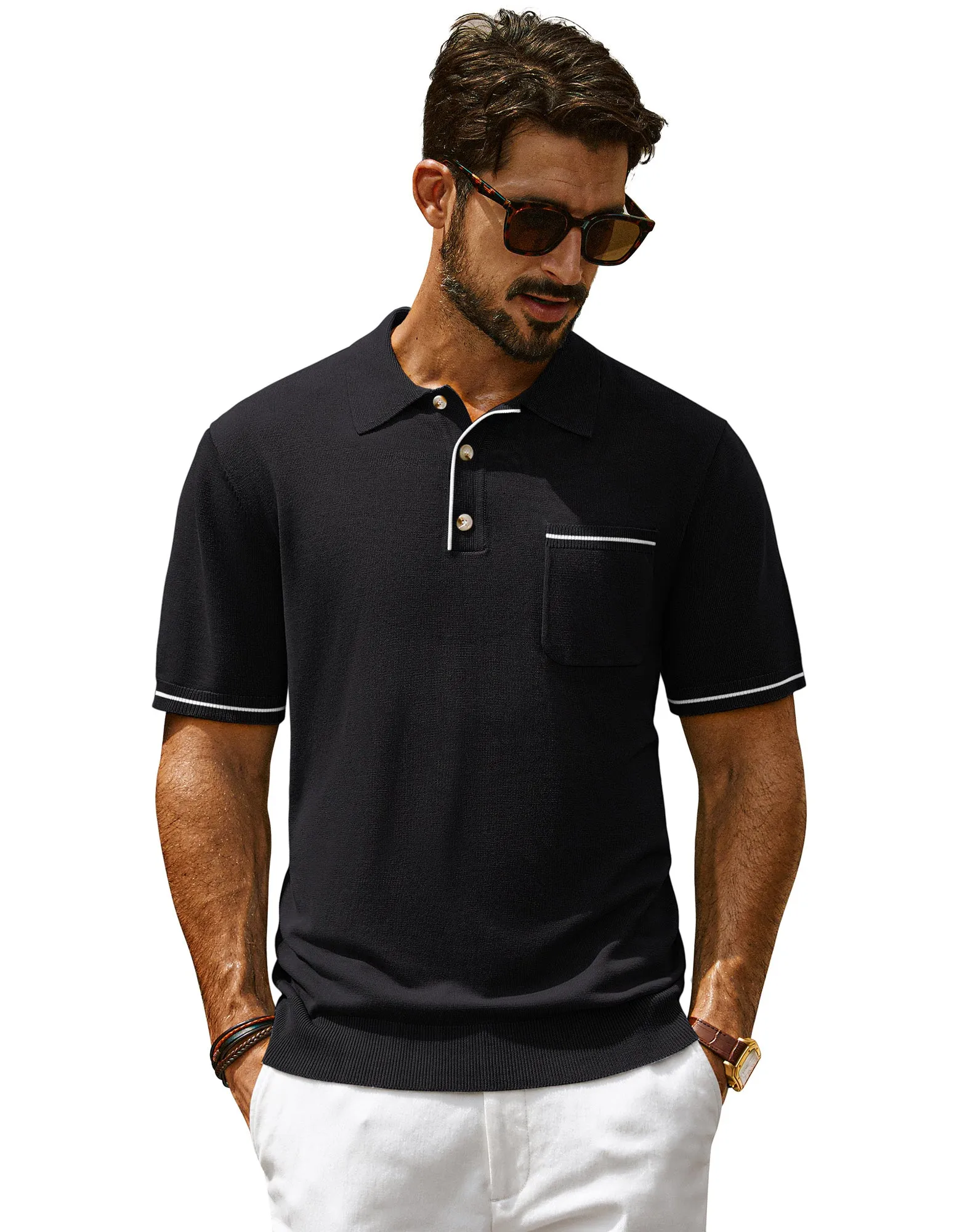 Men Knitted Polo-Shirt Short Sleeve Lapel Collar Button-up Neck Tops Knitwear