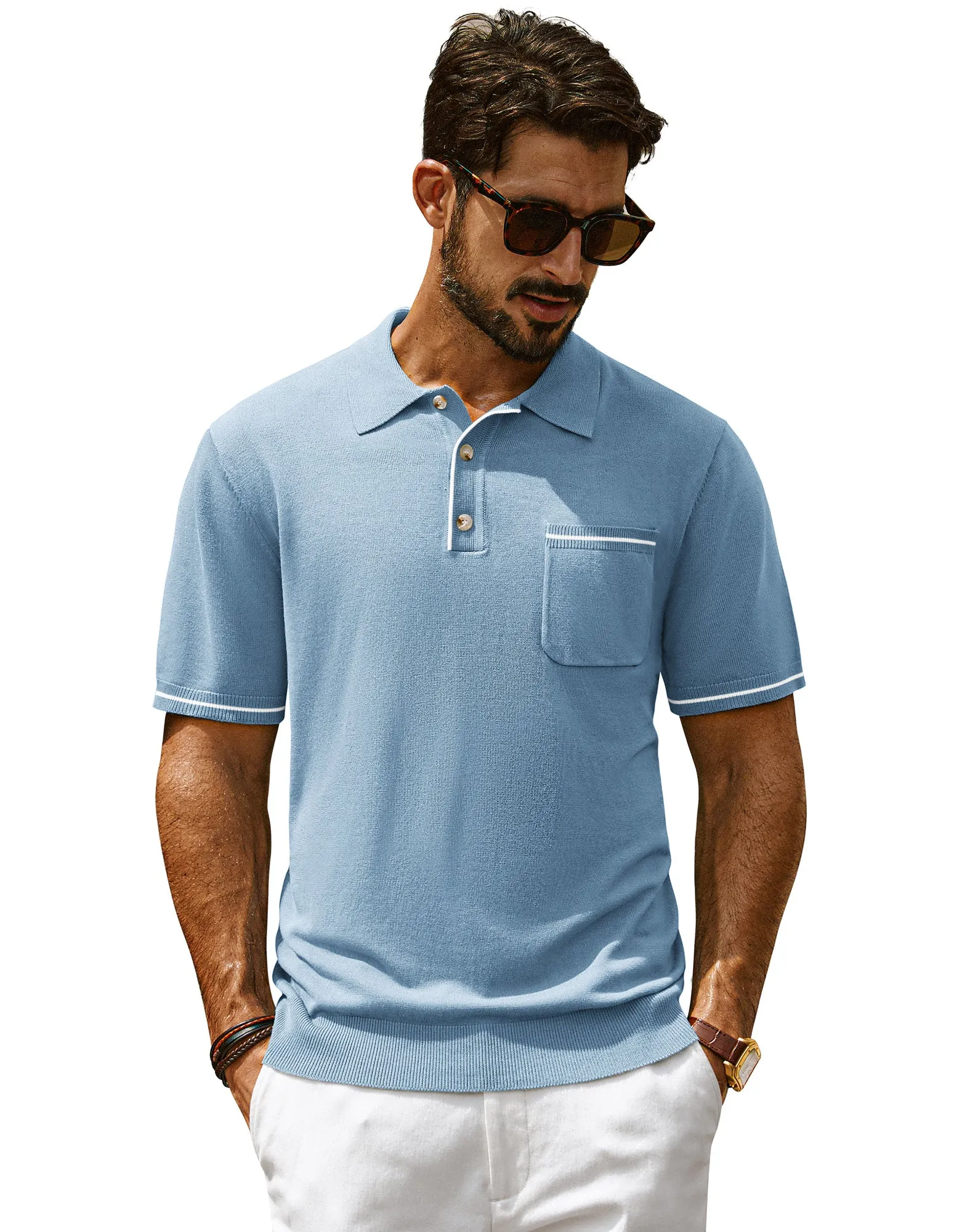 Men Knitted Polo-Shirt Short Sleeve Lapel Collar Button-up Neck Tops Knitwear