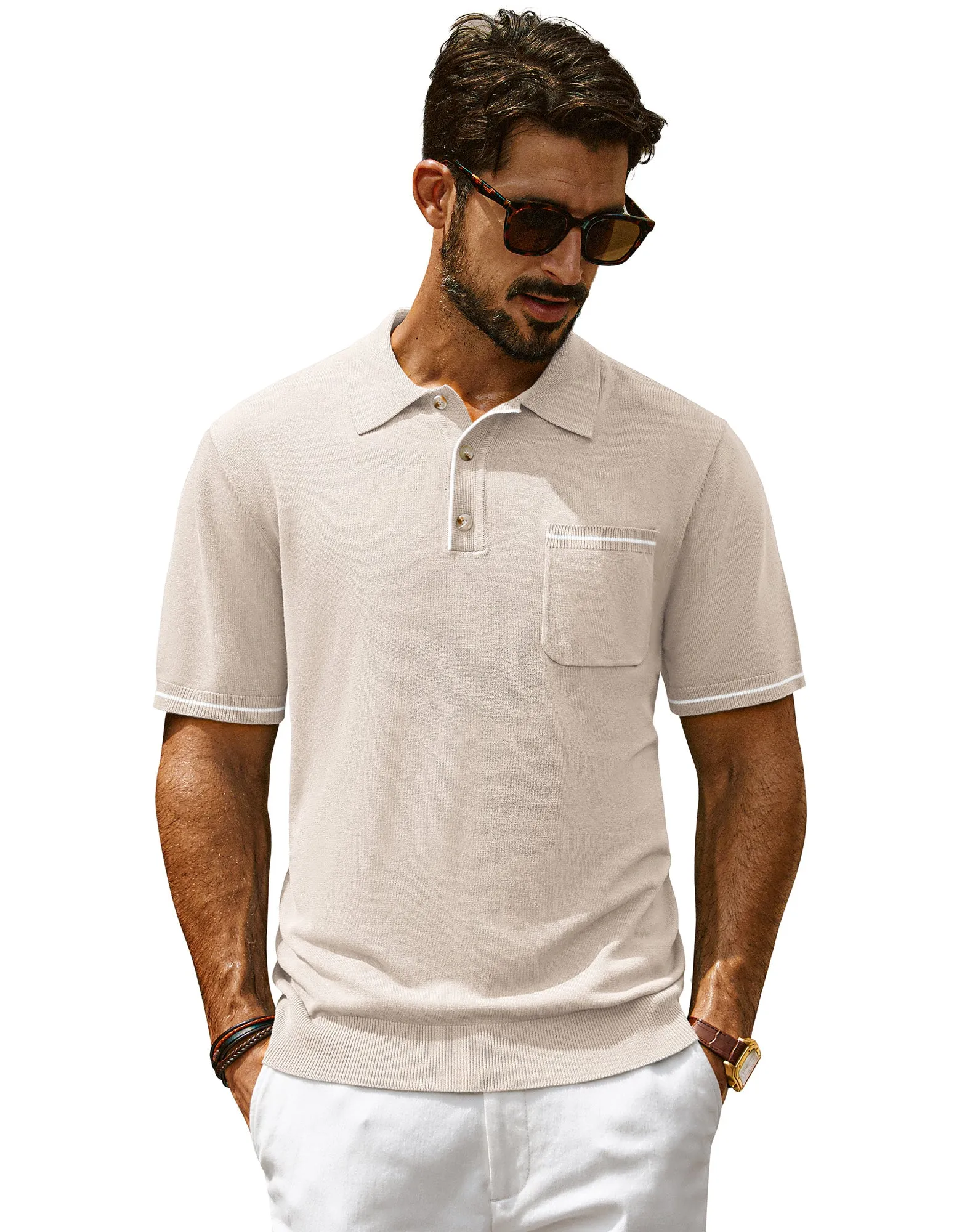 Men Knitted Polo-Shirt Short Sleeve Lapel Collar Button-up Neck Tops Knitwear