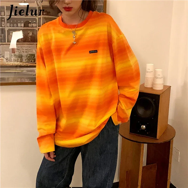 Metaversmall Green Striped Hoodies Women Long-sleeved O-neck Colorful Sweatshirt Female New Harajuku Fashion Orange Pullover M-XL