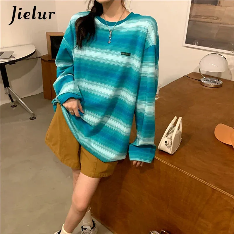 Metaversmall Green Striped Hoodies Women Long-sleeved O-neck Colorful Sweatshirt Female New Harajuku Fashion Orange Pullover M-XL