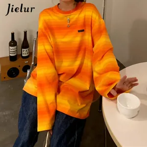 Metaversmall Green Striped Hoodies Women Long-sleeved O-neck Colorful Sweatshirt Female New Harajuku Fashion Orange Pullover M-XL