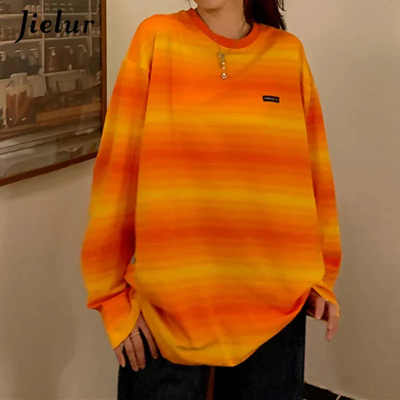 Metaversmall Green Striped Hoodies Women Long-sleeved O-neck Colorful Sweatshirt Female New Harajuku Fashion Orange Pullover M-XL