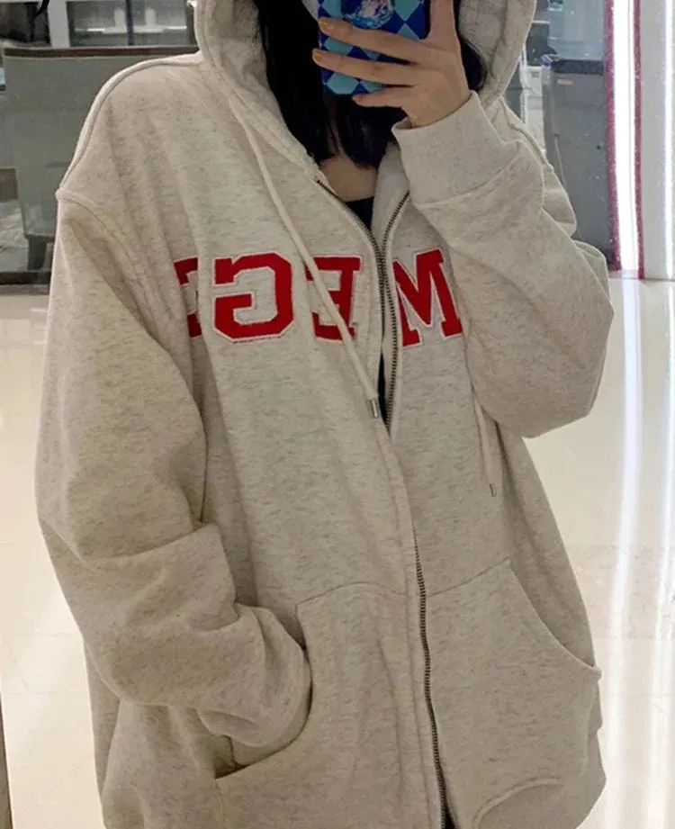 Metaversmall Loose Letter Spell Color Hoodies Zip-up Spell Color Ins Fashion Female Streetwear O-neck Chic Pockets Women's Hoodies