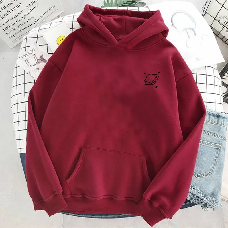 Purpdrank - Velvet Winter Women's Cute Saturn Printing Hooded Female Thicken Warm Hoodies Lady Autumn Tops Sweatshirts