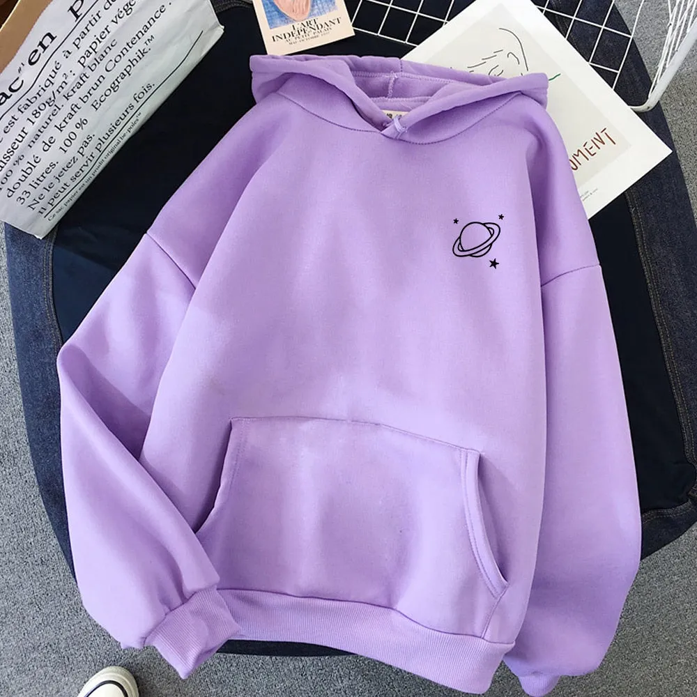 Purpdrank - Velvet Winter Women's Cute Saturn Printing Hooded Female Thicken Warm Hoodies Lady Autumn Tops Sweatshirts