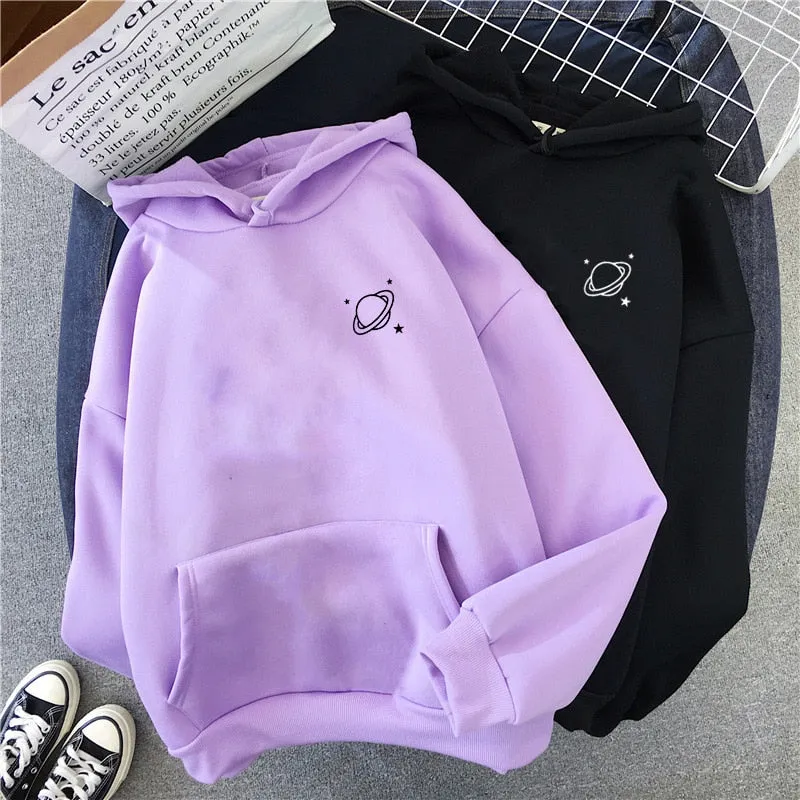 Purpdrank - Velvet Winter Women's Cute Saturn Printing Hooded Female Thicken Warm Hoodies Lady Autumn Tops Sweatshirts