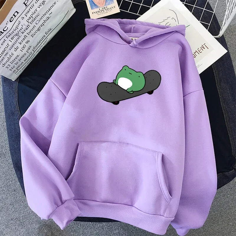 Purpdrank - winter Skateboard frog oversized Sweatshirt men and women's  Hoodies Harajuku Warm Pullover Drawstring Pink Womens Korean style