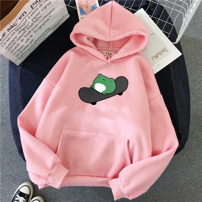 Purpdrank - winter Skateboard frog oversized Sweatshirt men and women's  Hoodies Harajuku Warm Pullover Drawstring Pink Womens Korean style