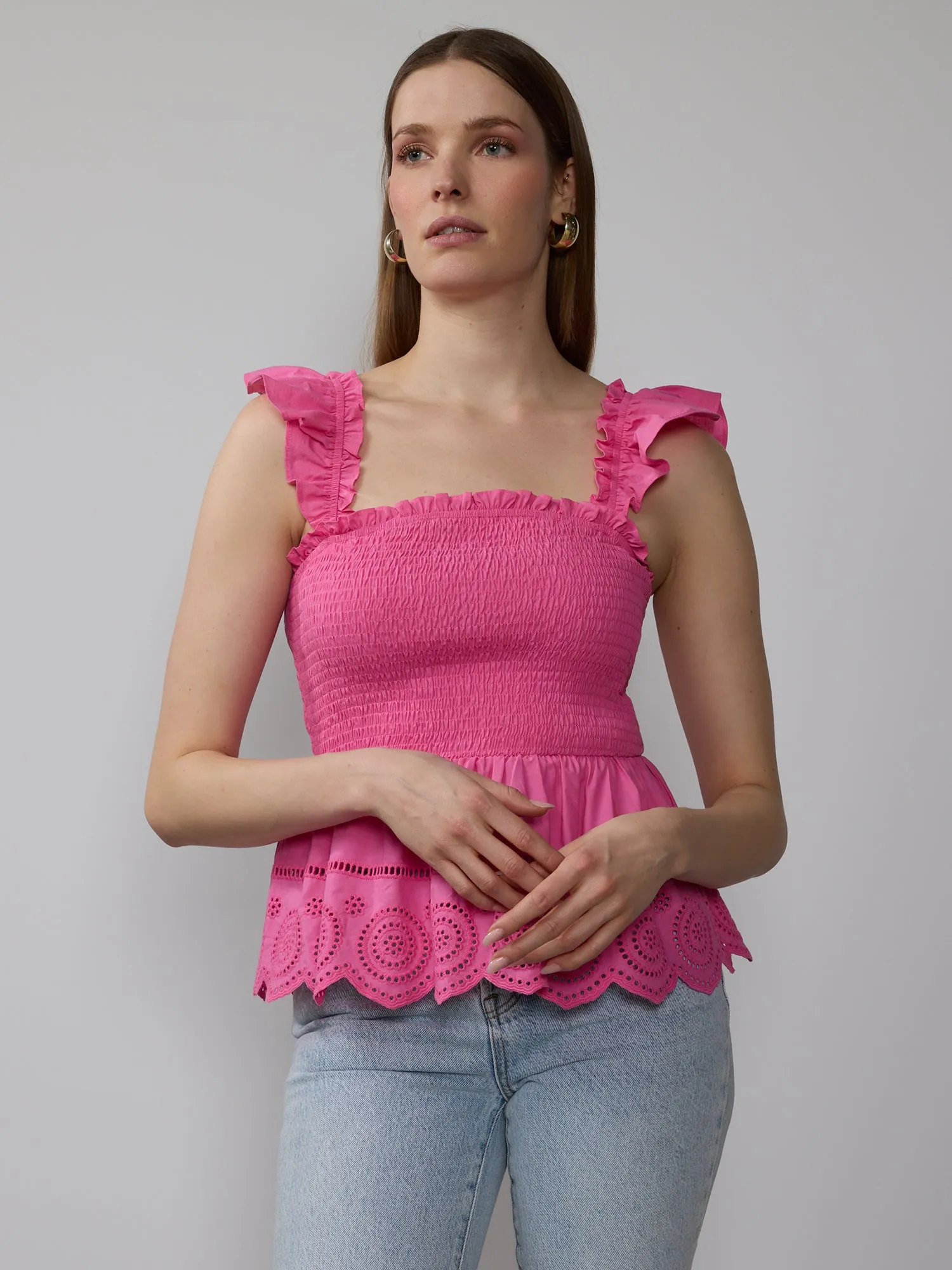 Smocked Eyelet Peplum Top