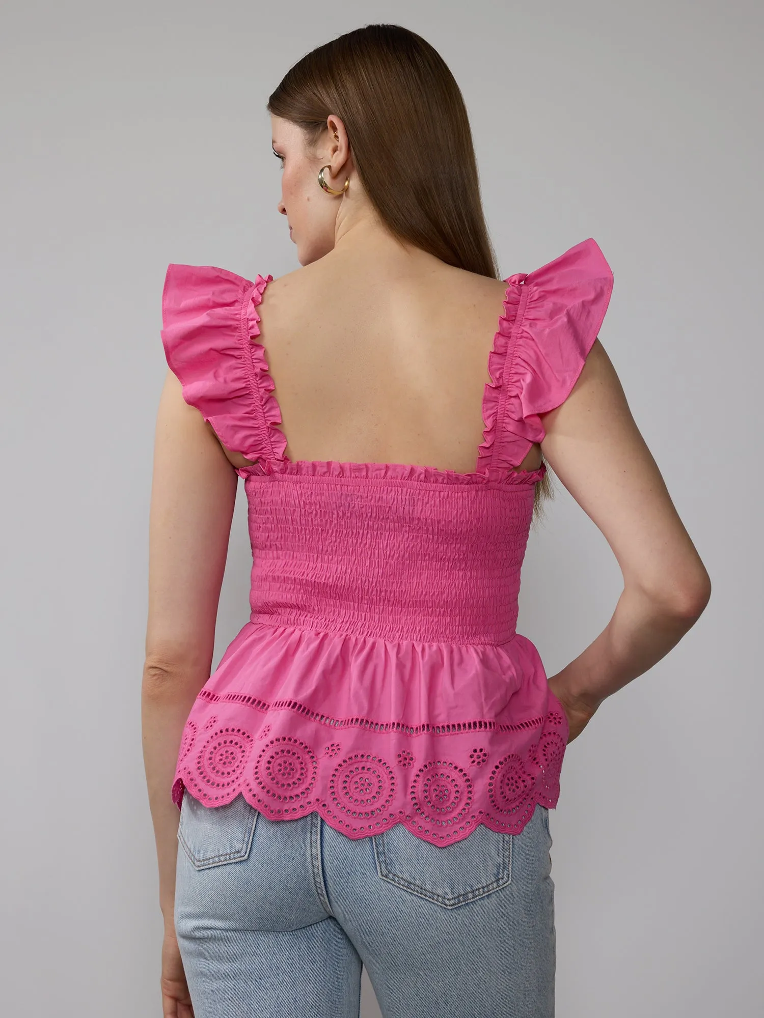 Smocked Eyelet Peplum Top