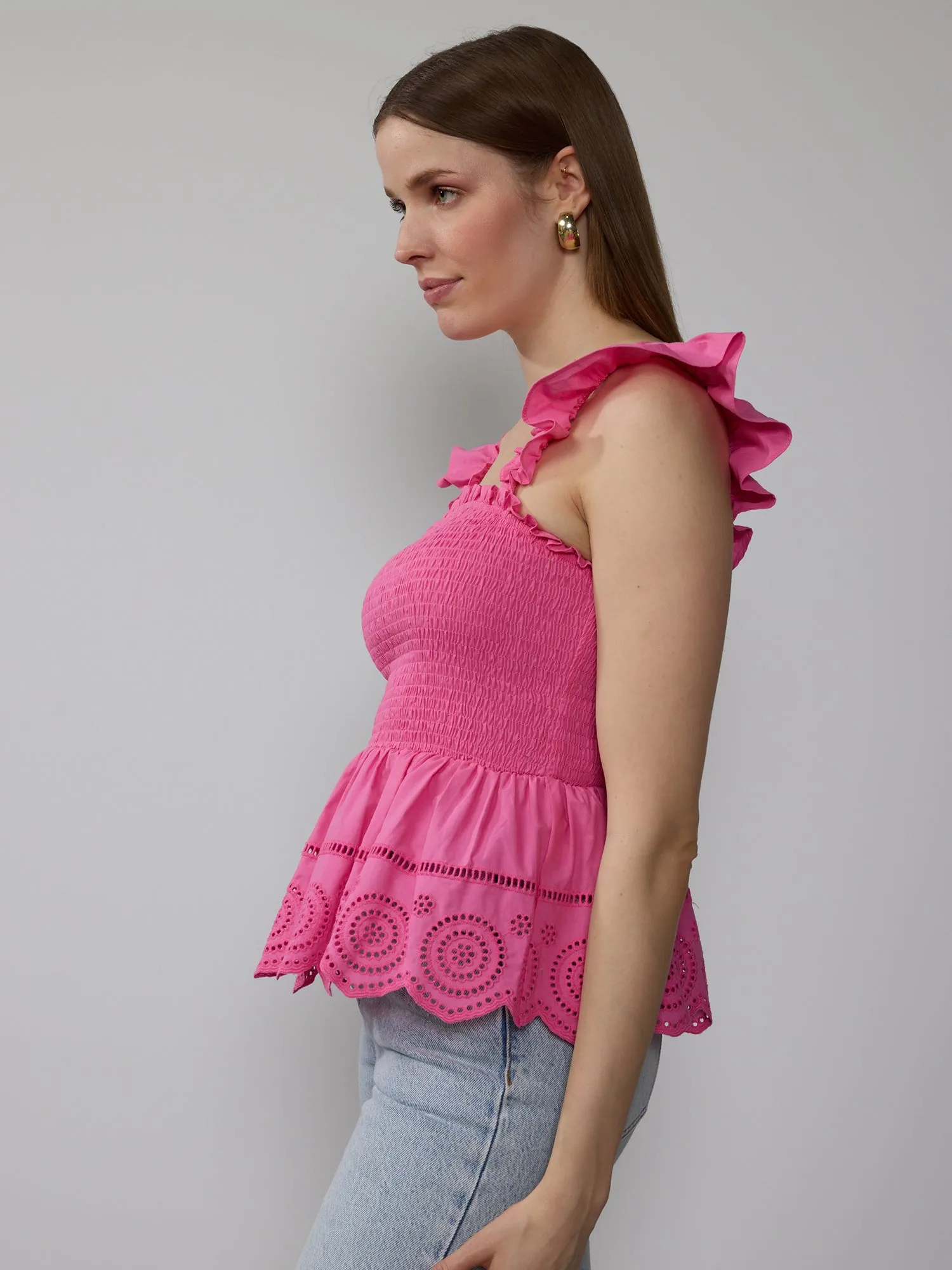 Smocked Eyelet Peplum Top