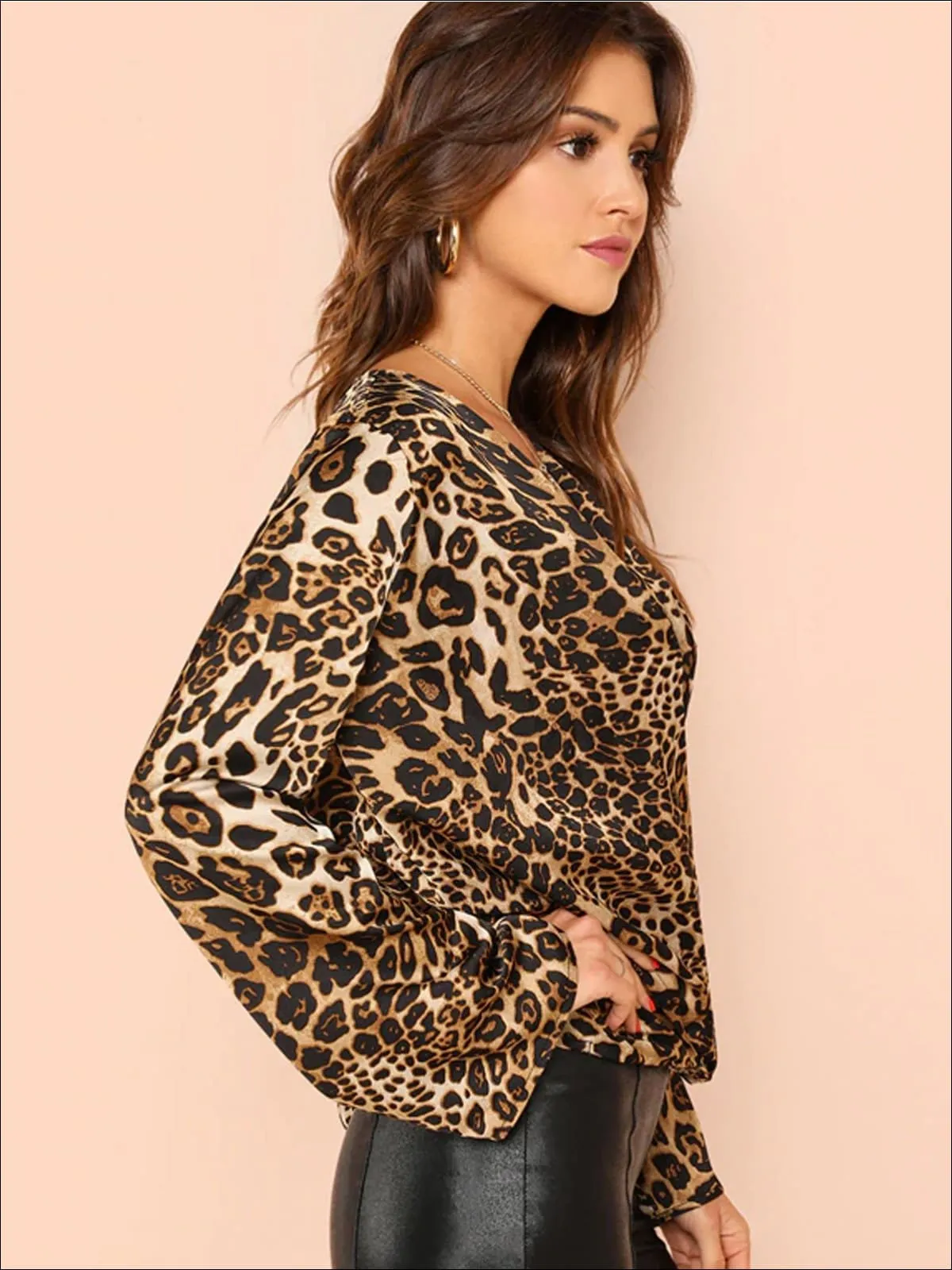 Women's Flounce Sleeve Leopard Print V-Neck Wrap Blouse